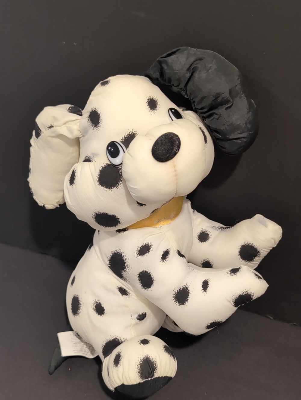 Vintage Parachute Style Fabric Dalmatian Dog Plush Yellow Collar One Black Ear